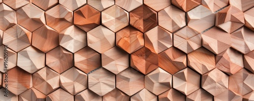 Panel kuchenny z motywem Intricate wooden hexagon patterns create a stunning visual texture, ideal for modern decor and artistic projects.