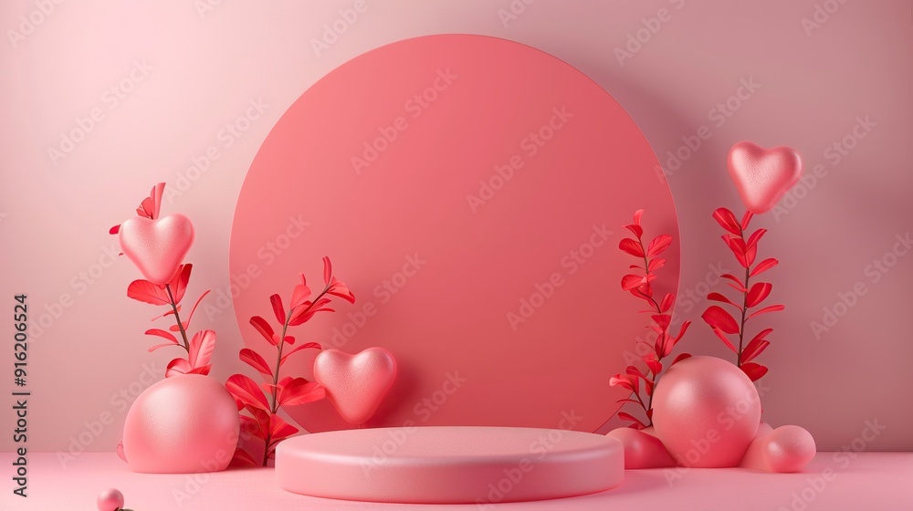 Minimalist pink Valentine's Day background with a round podium and hearts. Minimalist pink Valentine's Day background with a round podium and hearts.