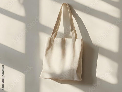 White tote bag mockup hung against a plain white wall, with subtle creases and soft lighting photo