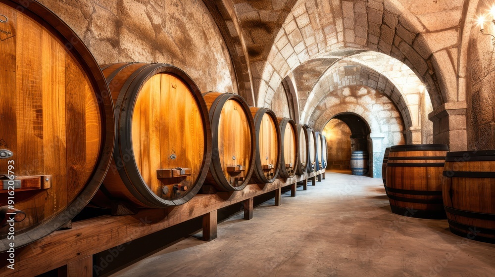 Spacious wine cellar featuring wooden barrels and stone walls, ideal for showcasing fine wine and aged spirits. Spacious wine cellar featuring wooden barrels and stone walls, ideal for showcasing fine wine and aged spirits.