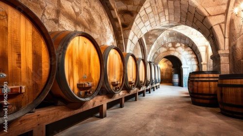 Spacious wine cellar featuring wooden barrels and stone walls, ideal for showcasing fine wine and aged spirits.