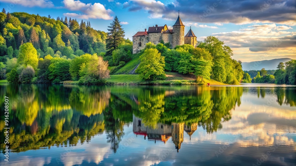 Castle reflecting on the calm lake surface with surrounding lush greenery, castle, lake, reflection, water, serene Castle reflecting on the calm lake surface with surrounding lush greenery, castle, lake, reflection, water, serene