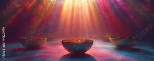 Ethereal light beams interacting with sound bowls, Healing Sound Bath, a mystical and healing visual experience