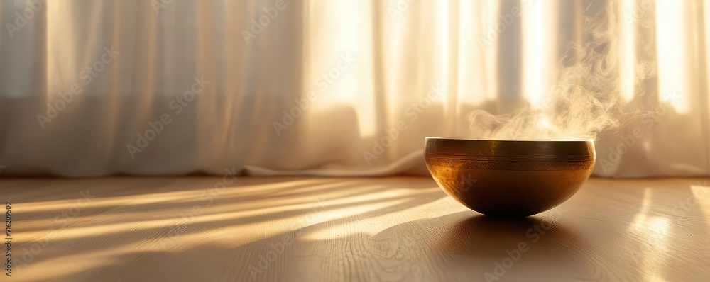Healing energy emanating from a singing bowl in a minimalist setting, Sound Healing, focused and soothing atmosphere for wellness Healing energy emanating from a singing bowl in a minimalist setting, Sound Healing, focused and soothing atmosphere for wellness