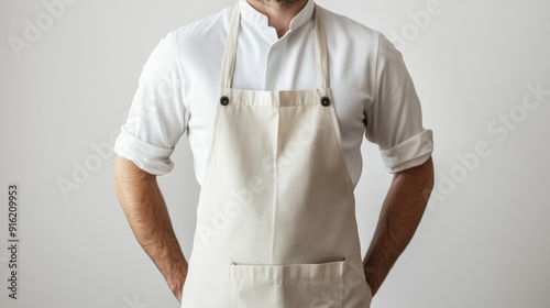 Close up of a beige apron on a white shirt, empty space for a design or print mockup template