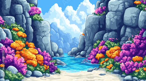 Vibrant beach cove with colorful coral, stunning digital illustration of tropical paradise, perfect for travel brochures, exotic vacation ads, and marine life awareness campaigns, highlighting natural