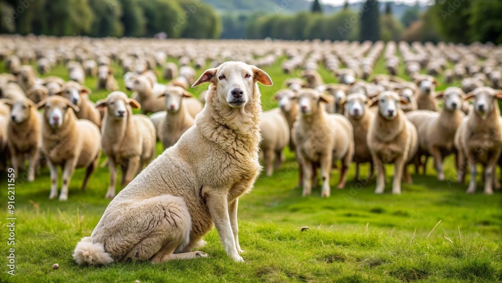 Fototapeta premium Dog sitting in front of a herd of sheep, herding dogs, working animals, farm life, rural landscape