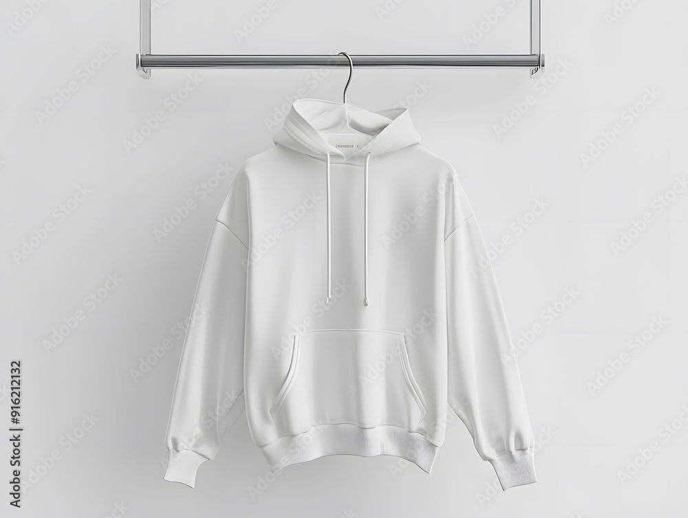 Minimalist white hoodie mockup hanging from a sleek metal rack against a plain white wall Minimalist white hoodie mockup hanging from a sleek metal rack against a plain white wall