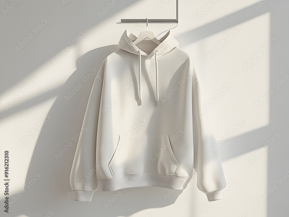 Minimalist white hoodie mockup hanging from a sleek metal rack against a plain white wall Minimalist white hoodie mockup hanging from a sleek metal rack against a plain white wall