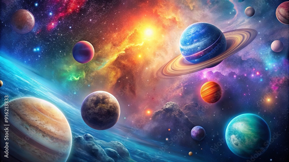 Artistic wallpaper featuring colorful planets and galaxies in the universe, planets, universe, artistic, wallpaper Artistic wallpaper featuring colorful planets and galaxies in the universe, planets, universe, artistic, wallpaper