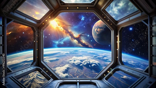 Fototapeta Naklejka Na Ścianę i Meble -  View of the vast universe from a space station window , space, stars, cosmos, planet, galaxy, astronomy