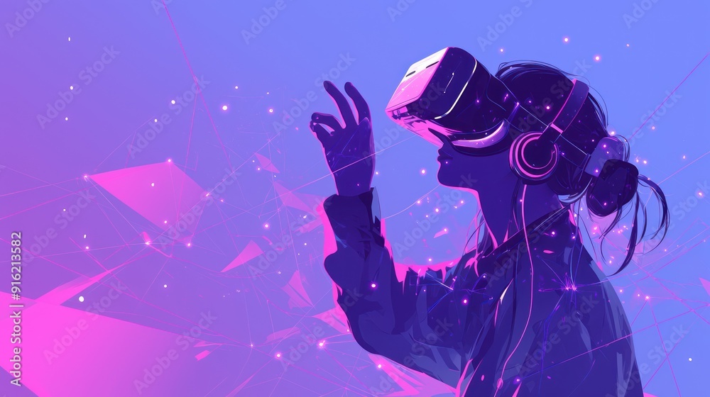 Naklejka premium Futuristic technology scene while wearing virtual reality glasses is waving his hand, surrounded by glowing blue and purple lines with dots connected to them in the air