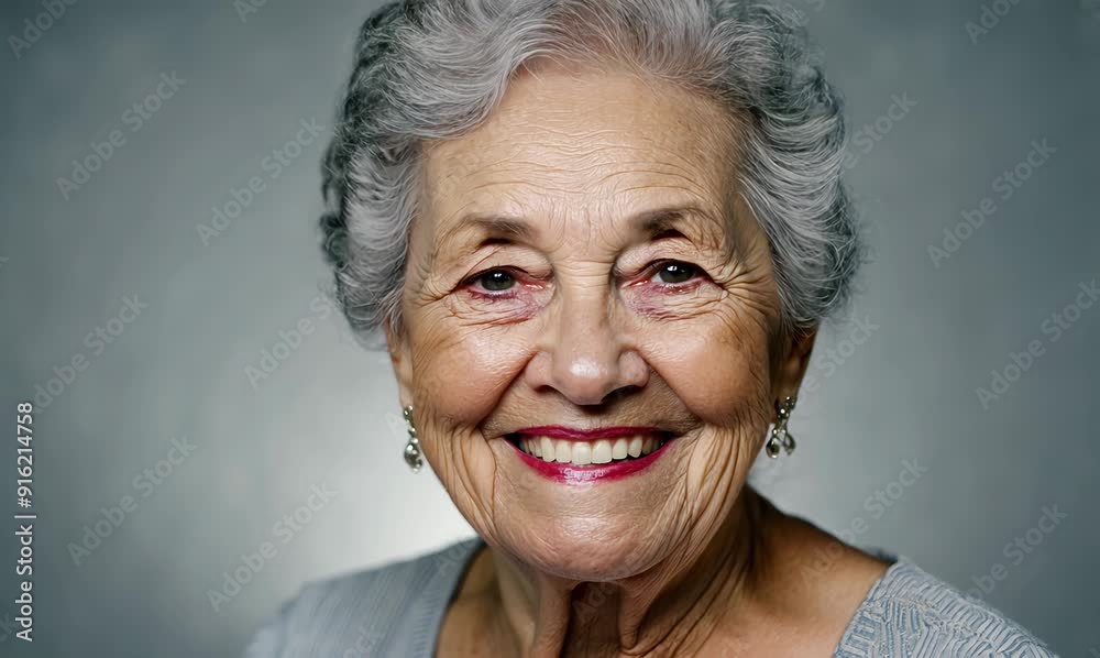 Close up portrait of happy senior woman looking at camera over grey background Close up portrait of happy senior woman looking at camera over grey background