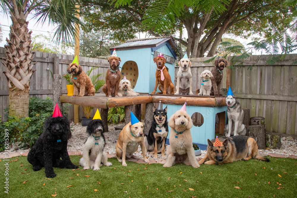 Group of assorted dogs wearing party hats sitting in a garden by a ...