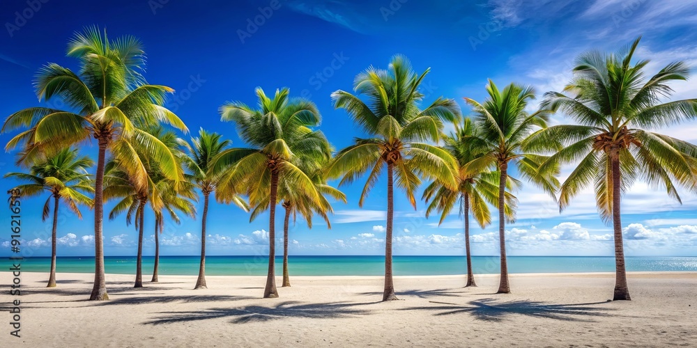 Tall palm trees lining a white sandy beach on a sunny summer day, tropical, palm trees, beach, summer, sunny, vacation Tall palm trees lining a white sandy beach on a sunny summer day, tropical, palm trees, beach, summer, sunny, vacation