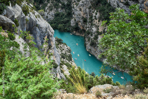 Aerial view of boats sailing on Verdon Gorge (Gorges du Verdon), Provence-Alpes-Cote d'Azur, France