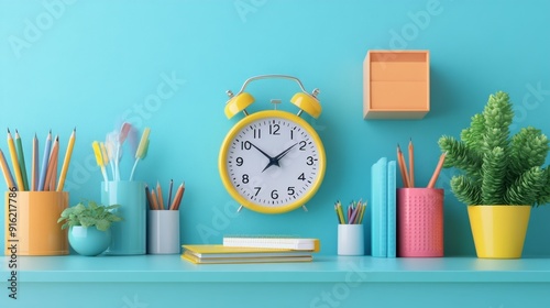 Colorful Desk with Alarm Clock, Plants, and Supplies.