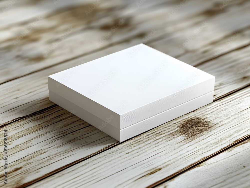 Fototapeta premium White business card mockup on a light wooden surface, with a subtle texture in the background