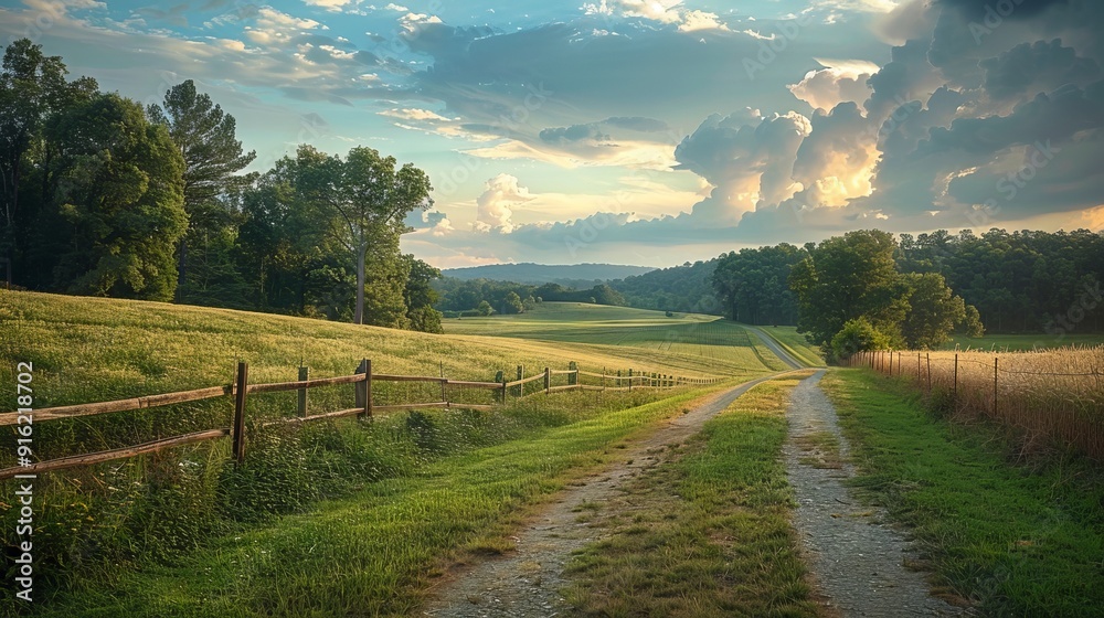 Fototapeta premium Dirt road through a green countryside under a dramatic sky