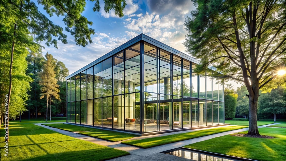 A modern glass building surrounded by trees in a tranquil park setting, park, urban, city, architecture, modern, glass