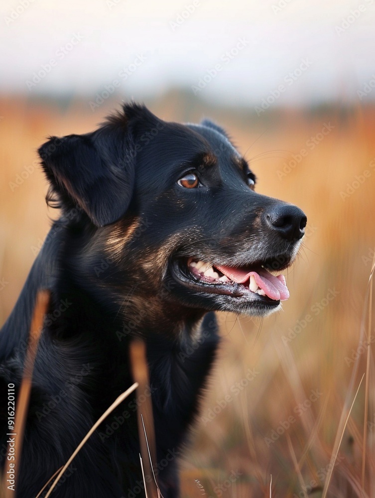Happy Black Dog in Golden Field - Joyful Pet Portrait Happy Black Dog in Golden Field - Joyful Pet Portrait