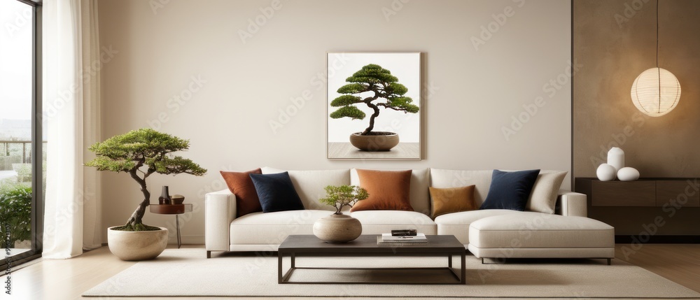 A modern living room featuring minimalist decor, a comfortable sectional sofa, and serene ambiance. The room is well-lit with natural light and a potted plant adds a touch of greenery. A modern living room featuring minimalist decor, a comfortable sectional sofa, and serene ambiance. The room is well-lit with natural light and a potted plant adds a touch of greenery.
