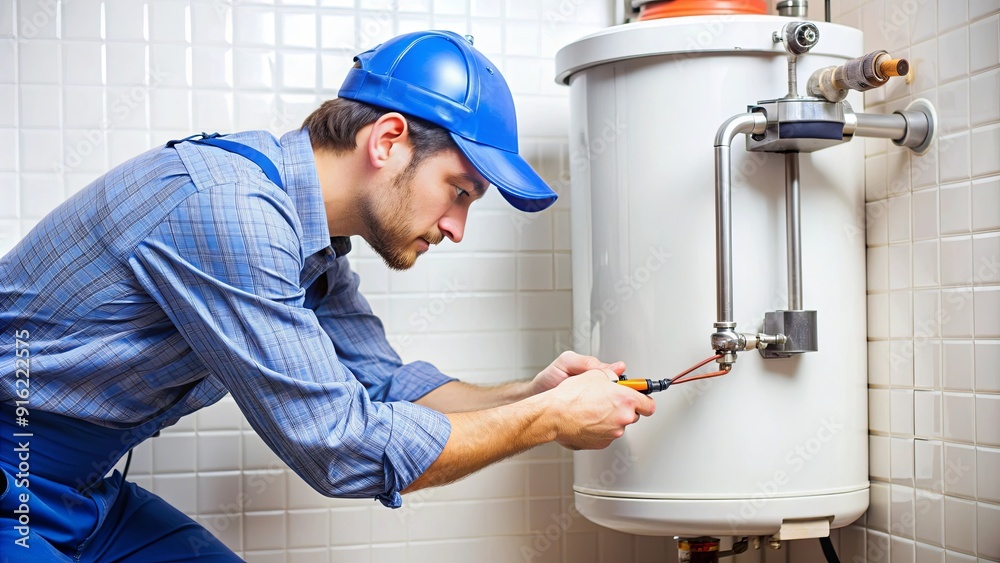 Plumber fixing a hot water heater, plumber, repair, fixing, maintenance, service, appliance, technician, tool, equipment Plumber fixing a hot water heater, plumber, repair, fixing, maintenance, service, appliance, technician, tool, equipment
