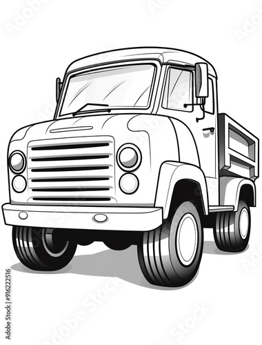 A black and white vector of an old truck, simple line art coloring book page for kids with crisp lines and a white background