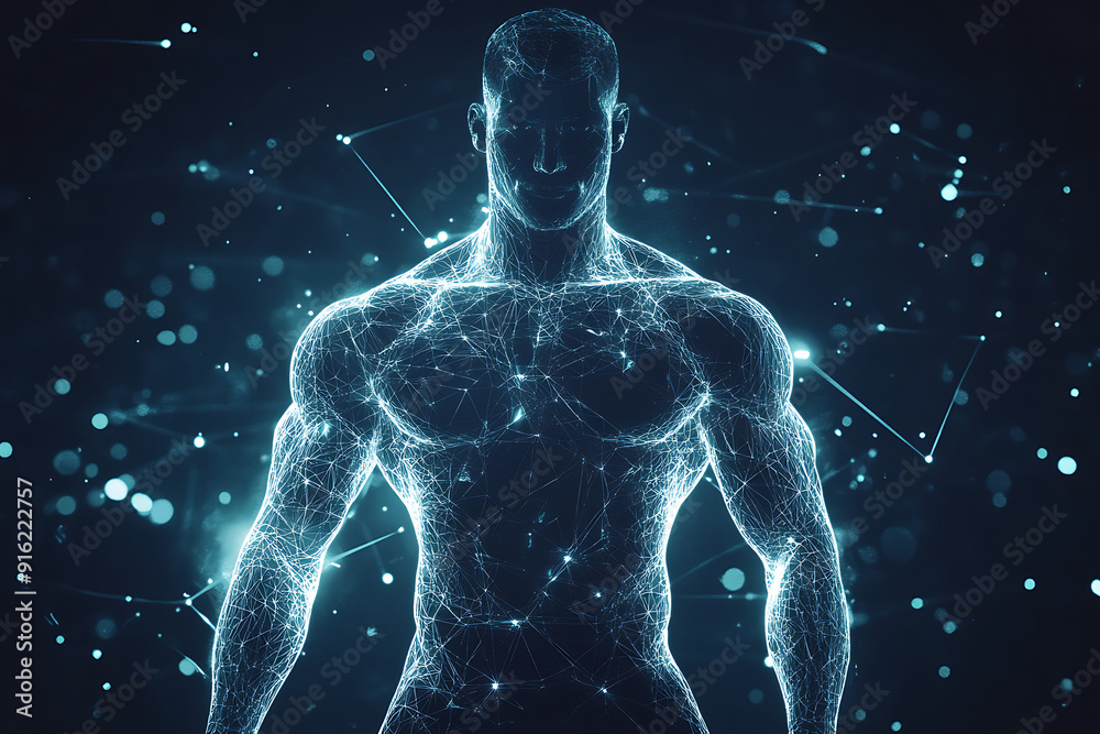 Handsome, muscular man with a bare torso depicted in a plexus style, combining physical strength with a digital, futuristic aesthetic.
Handsome, muscular man with a bare torso depicted in a plexus style, combining physical strength with a digital, futuristic aesthetic.