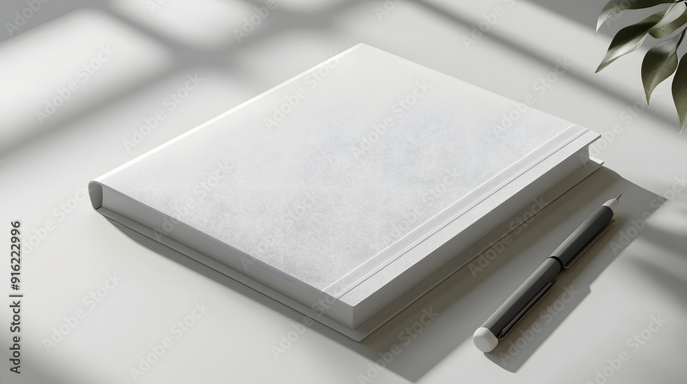 White notebook mockup displayed on a clean white surface, with soft shadows and subtle details White notebook mockup displayed on a clean white surface, with soft shadows and subtle details