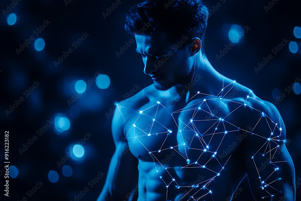 Handsome, muscular man with a bare torso depicted in a plexus style, combining physical strength with a digital, futuristic aesthetic.
