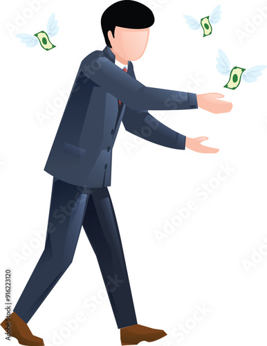 Businessman desperately trying to catch flying money bills, concept of financial loss