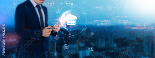 Canvas Print Hosting: Cloud services, businessman uses tablet and synchronizes with the structure of data servers on the network for working in the futuristic business, scalability, security