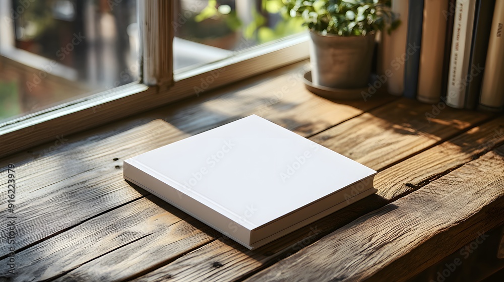 White notebook mockup on a simple wooden desk, with a soft natural light coming from the side White notebook mockup on a simple wooden desk, with a soft natural light coming from the side