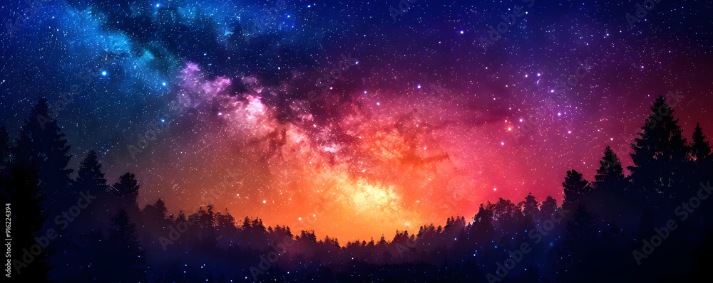 Naklejka premium Silhouetted Forest Under a Starry Sky - Illustration