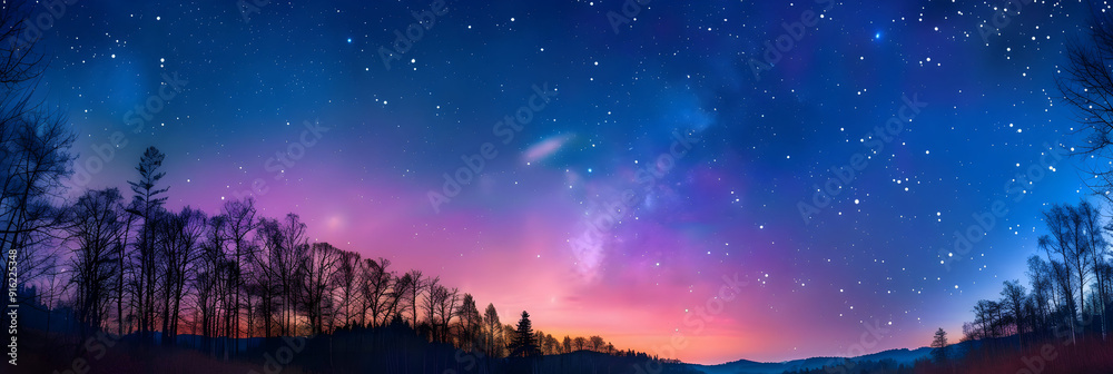 Night Sky Illustration with Stars, Milky Way, and Forest Silhouette