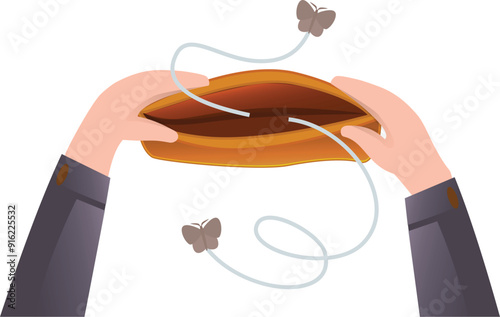 Businessman holding open empty wallet with butterflies flying out symbolizing financial losses