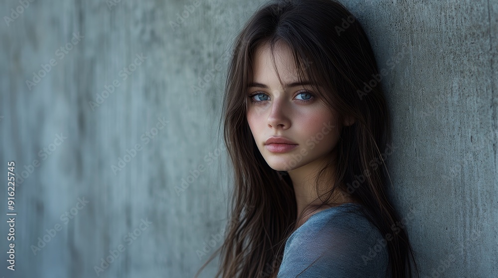 Fototapeta premium The young brown haired woman in blue jeans leaned against the gray concrete wall, her expression slightly dull, with a subtle and introspective atmosphere.