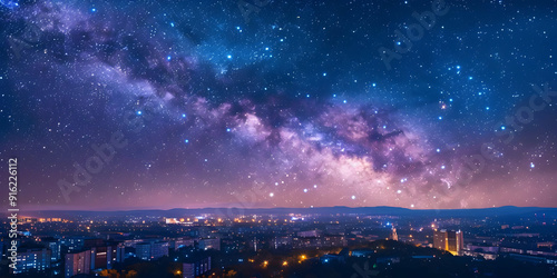 Night Sky Cityscape with Milky Way Galaxy