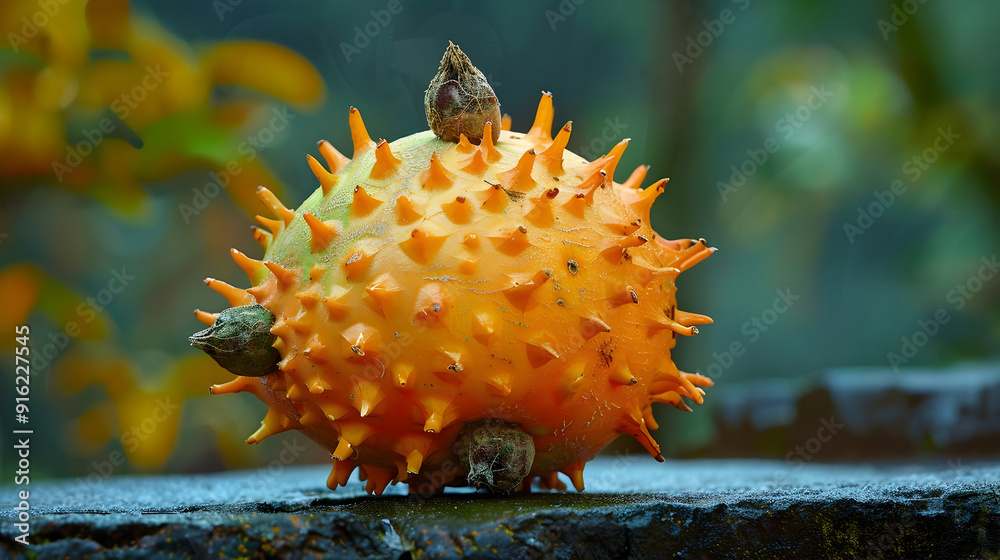 Orange Spiky Kiwano Melon Fruit on Rough Stone Macro Photo Orange Spiky Kiwano Melon Fruit on Rough Stone Macro Photo