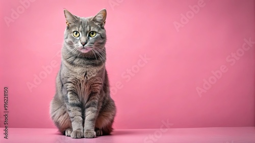 Grey cat sitting on pink background looking at camera, grey, cat, pink background, camera, sitting, cute, fluffy, pet, feline