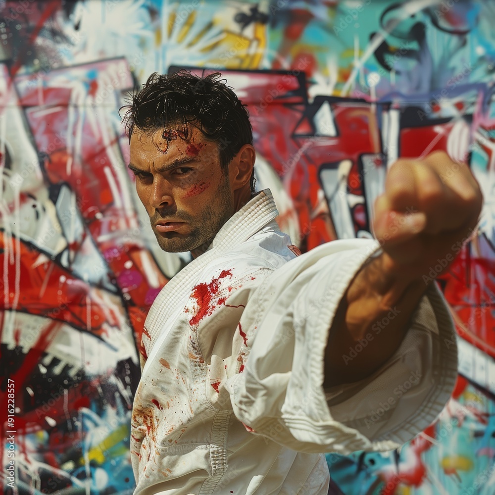 Obraz premium Intense Kumite: A Turkish Karateka's Fierce Determination