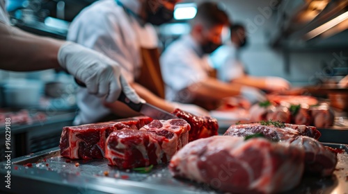 Chefs preparing fresh steaks in a professional kitchen