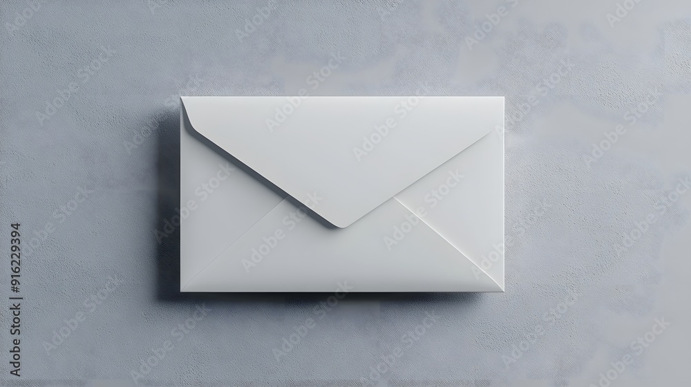 White envelope mockup placed on a plain grey surface, with subtle highlights White envelope mockup placed on a plain grey surface, with subtle highlights