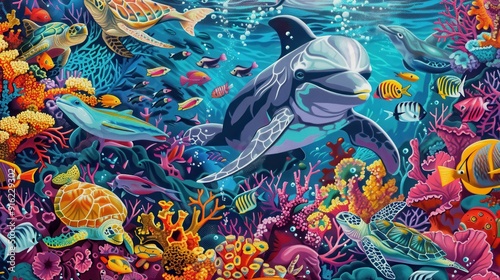 A lively marine scene features dolphins swimming among coral, fish, and turtles in a vibrant underwater environment