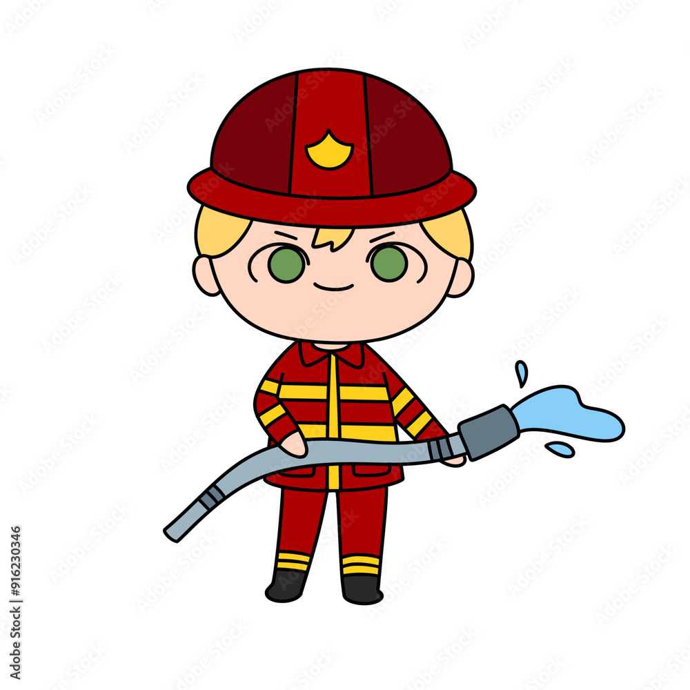 A cartoonish drawing of a young man in a red fireman's uniform holding a hose A cartoonish drawing of a young man in a red fireman's uniform holding a hose