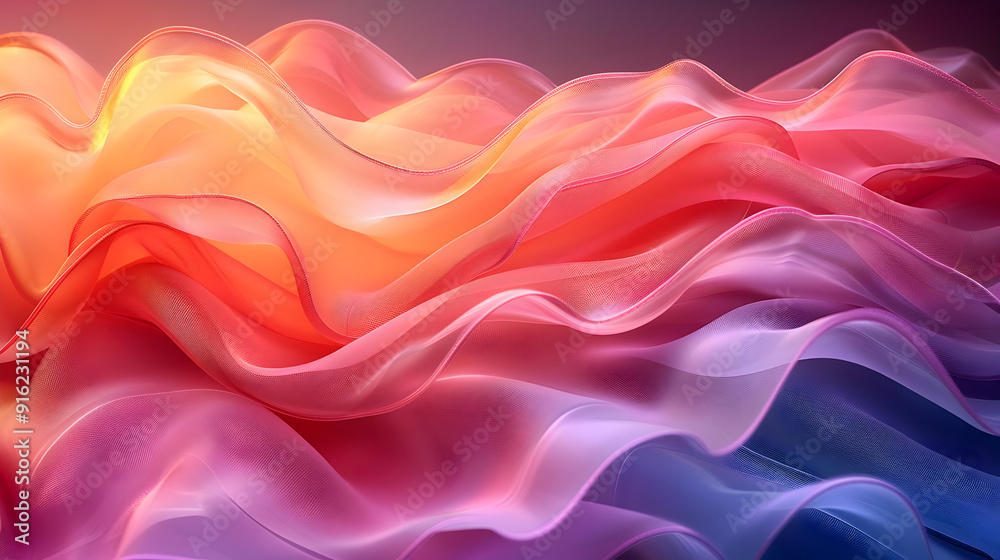 Abstract Background with Wavy Pink, Orange, and Blue Sheer Fabric Abstract Background with Wavy Pink, Orange, and Blue Sheer Fabric