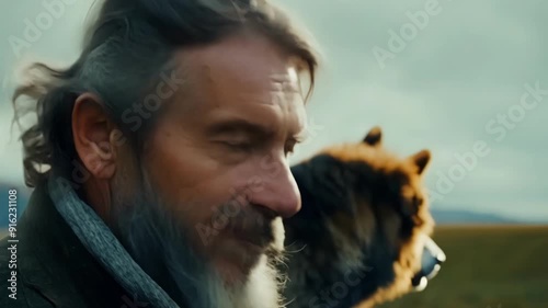 A closeup shot of an Irish Gaels rugged and weatherbeaten features accompanied by his faithful wolfhound.