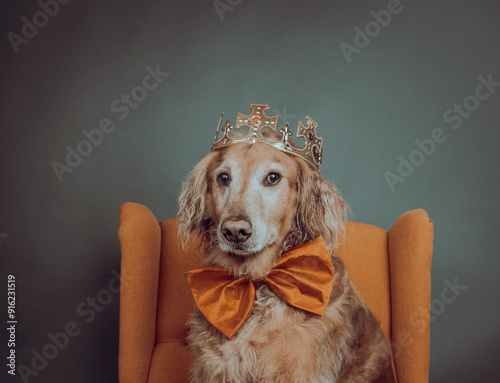 Portrait of a golden retriever sitting in an armchair wearing a crown and bow tie photo