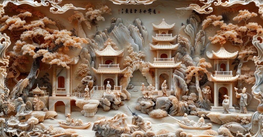 Fototapeta premium Intricate Ivory Carving of a Chinese Landscape